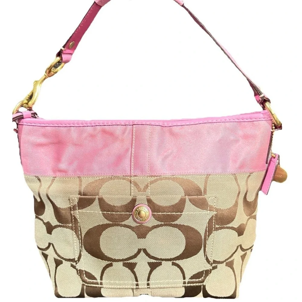 Vtg Coach Zoe Signature Baby Pink Tan Hobo Bag jacquard canvas leather Purse